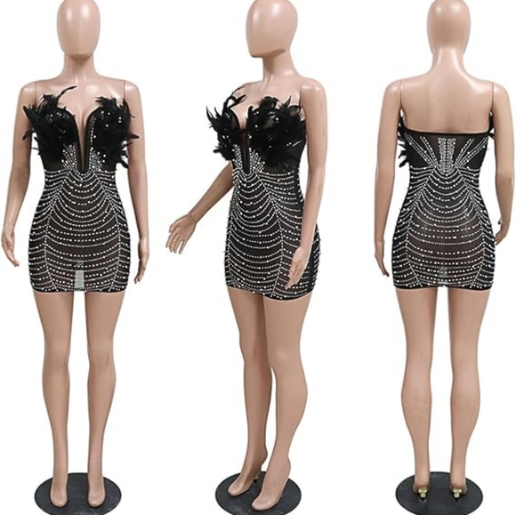 Elegant Real Feather Embellished Black Mesh & Polyester Dress Sz S - Picture 4 of 16